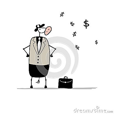 Funny bull businessman with suitcase, sketch Vector Illustration