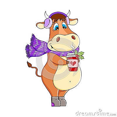 Funny Bull with coffee in a scarf Cartoon Illustration