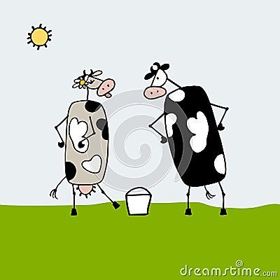 Funny bull and cows with buckets of milk, sketch Vector Illustration