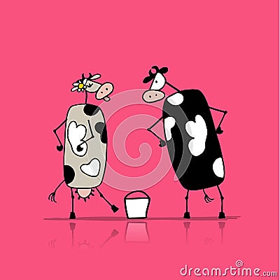 Funny bull and cows with buckets of milk, sketch Vector Illustration