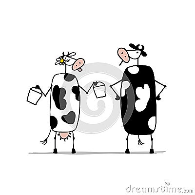 Funny bull and cows with buckets of milk, sketch Vector Illustration