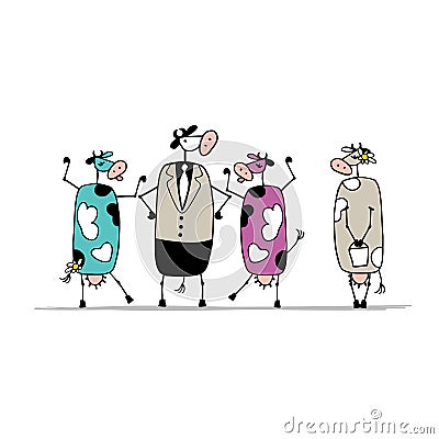 Funny bull and cows, sketch for your design Vector Illustration