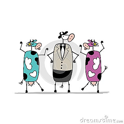 Funny bull and cows, sketch for your design Vector Illustration