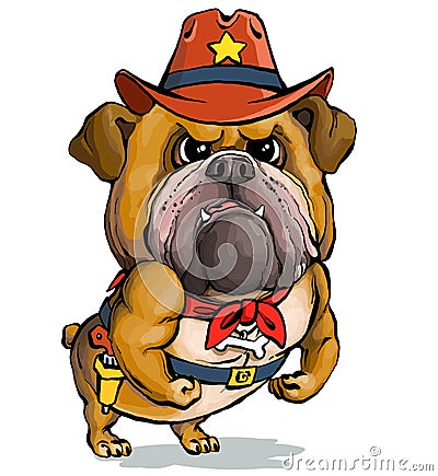Funny portrait of a muscular bulldog wearing a sheriff`s hat Vector Illustration