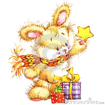 Funny bunny with Christmas decor and design elements for congratulations card Stock Photo