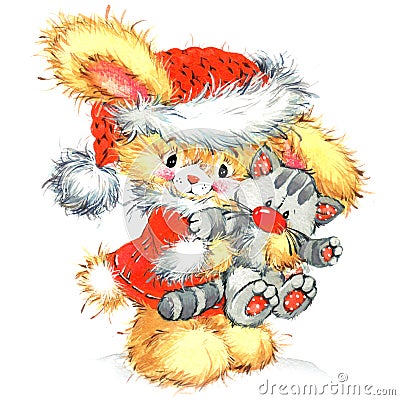 Funny bunny and Christmas watercolor background Stock Photo