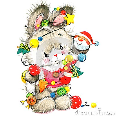 Funny bunny and Christmas watercolor background New year cute bunny Stock Photo