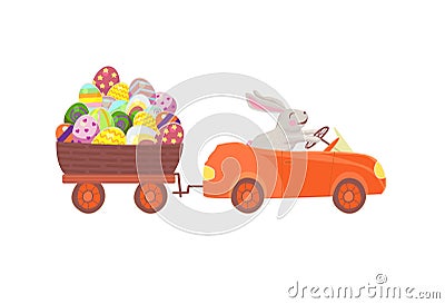 Funny bunny driving a red car carries a big basket with Easter eggs on a trailer Vector Illustration