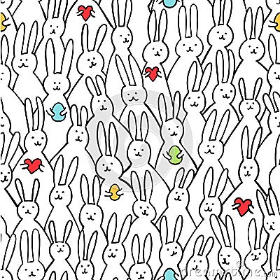 Funny bunny seamless pattern. Illustration of cute easter bunnies with easter eggs and hearts. Bright easter background Vector Illustration