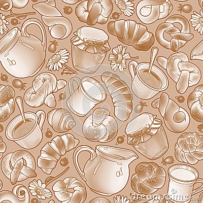 Funny buns, honey, milk, tea cup and berries seamless pattern. Vector Illustration