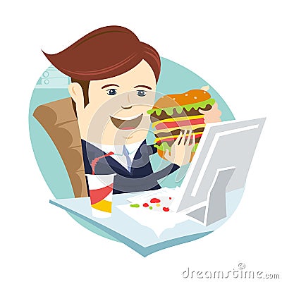 Funny business man eating sandwich burger at his office workplace. Flat style Vector Illustration
