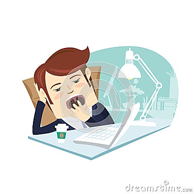 Funny business man yawning at his workplace. Flat style Vector Illustration