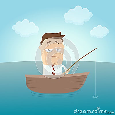 Funny businessman on boat with fishing waiting for a catch Vector Illustration