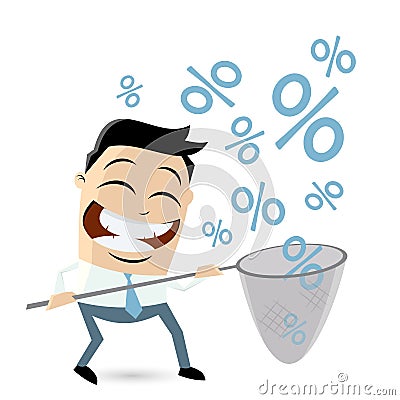 Funny businessman catching percent signs Vector Illustration