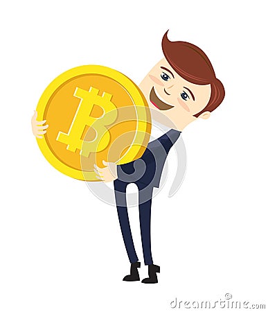 Funny businessman holding Bitcoin. Physical bit coin digital currency cryptocurrency Vector Illustration