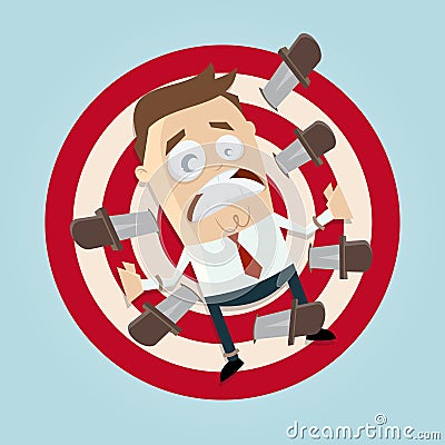 Funny businessman is knife throwing target Vector Illustration