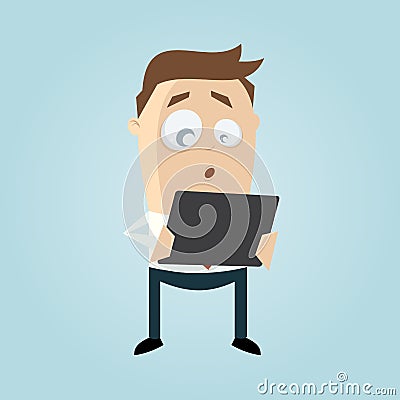 Funny businessman is looking surprised in his tablet Vector Illustration
