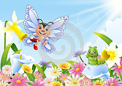 Funny butterfly and caterpillar on flower field Vector Illustration