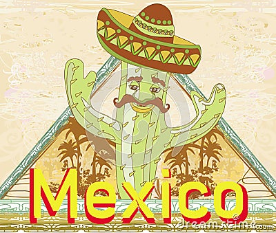 Funny cactus with a sombrero - grunge card Vector Illustration