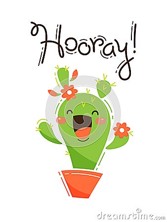 Funny cactus yells Hooray. Vector illustration in cartoon style Vector Illustration