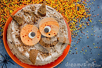 Funny cake for Halloween party, animal-shaped owl cake, chocolate cake with cream Stock Photo