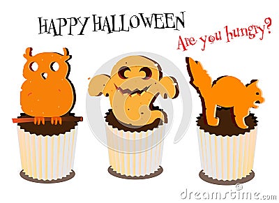 Halloween cakes. Owl, ghost and caramel cat. For design and greeting cards Vector Illustration