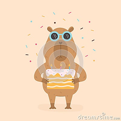 Funny capybara with birthday cake Vector Illustration