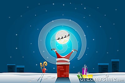 Funny card - Merry Christmas and Happy New Year, Santa claus stuck in the Chimney on roof Vector Illustration