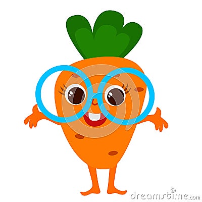 Funny carrot with glasses and with a face and arms and legs. Character design in cartoon childish style for stickers. Vector Illustration