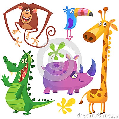 Funny cartoon african animals set. Vector illustrations of Crocodile alligator, giraffe, monkey chimpanzee, toucan and rhino Vector Illustration