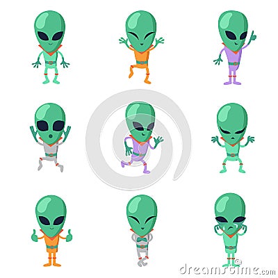 Funny cartoon aliens vector green humanoid characters Vector Illustration