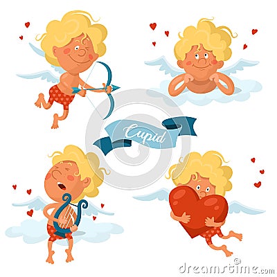 Funny cartoon angels cupids for valentine`s day Vector Illustration
