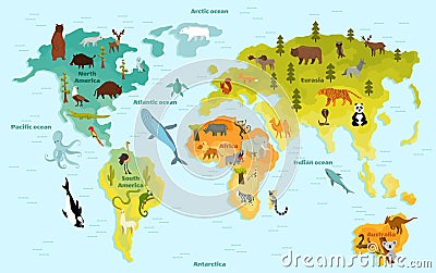 Funny cartoon animal world map for children with the continents, oceans and lot of funny animals. Vector illustration Vector Illustration