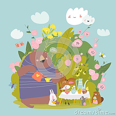 Funny cartoon animals drinking tea in bushes of roses Vector Illustration