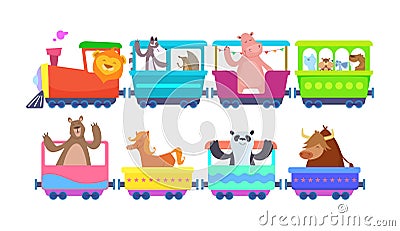 Funny cartoon animals rides in cartoon trains Vector Illustration