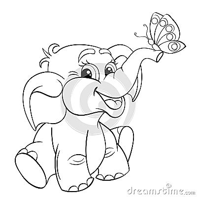 Funny cartoon baby elephant with butterfly Vector Illustration