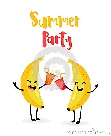 Funny cartoon bananas drink juice. Summer Party. Flat style. Vector Vector Illustration