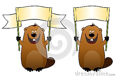 Funny cartoon beaver with blank billboard in his hands Stock Photo