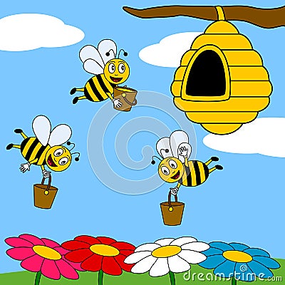 Funny Cartoon Bees Working Vector Illustration