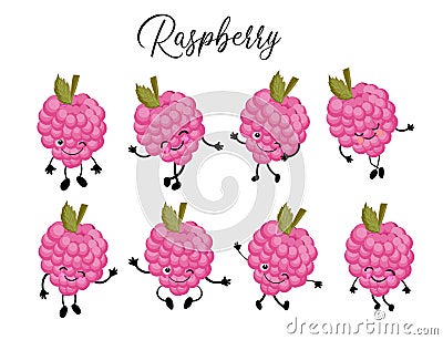 Funny cartoon berries. Raspberry character. Set of poses Vector Illustration