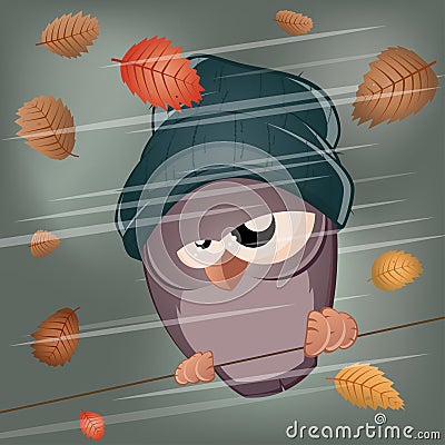 Funny cartoon bird in stormy weather Vector Illustration