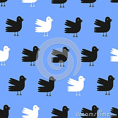 Funny cartoon birds seamless pattern over blue background. Vector illustration. Vector Illustration