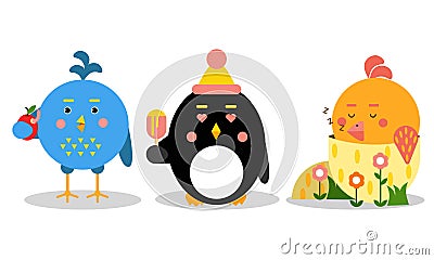 Funny Cartoon Birds Sleeping and Eating Ice Cream Vector Set Vector Illustration