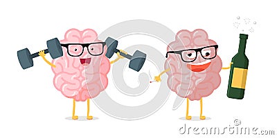 Funny cartoon brain character pair healthy vs unhealthy. Comparison human anatomy internal organ mascot happy clever Cartoon Illustration