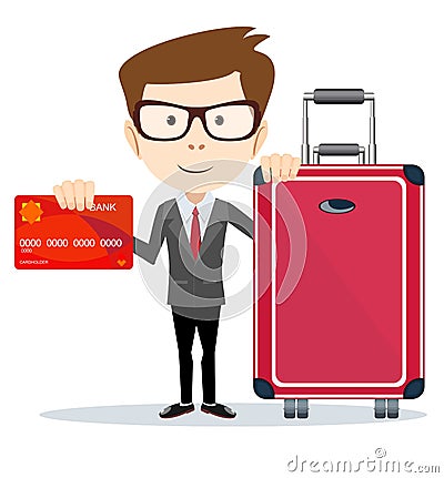 Business man with plastic credit card and suitcase with wheels Vector Illustration