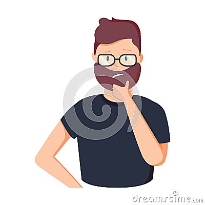 Funny cartoon businessman thinking. Person in glasses having gesture illustration. Creative man brainstorming Cartoon Illustration