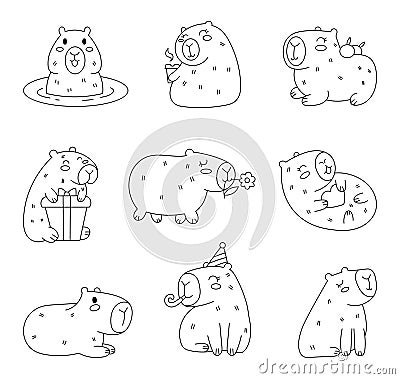 Funny cartoon capybara. Coloring Page Vector Illustration