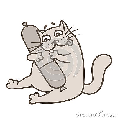 Funny cartoon cat craves sausages salami. Vector illustration Vector Illustration