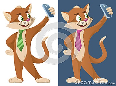 Funny cartoon cat in a tie making selfie. Vector Illustration