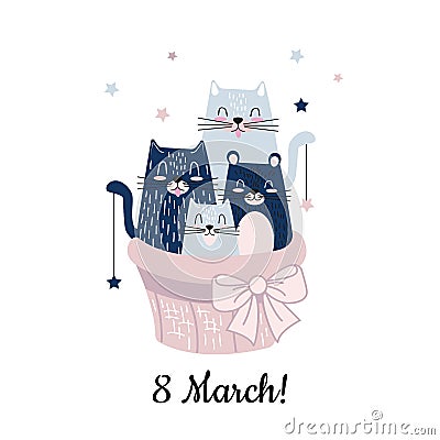 Funny cartoon cats in the basket. Hello spring March 8 card Vector Illustration